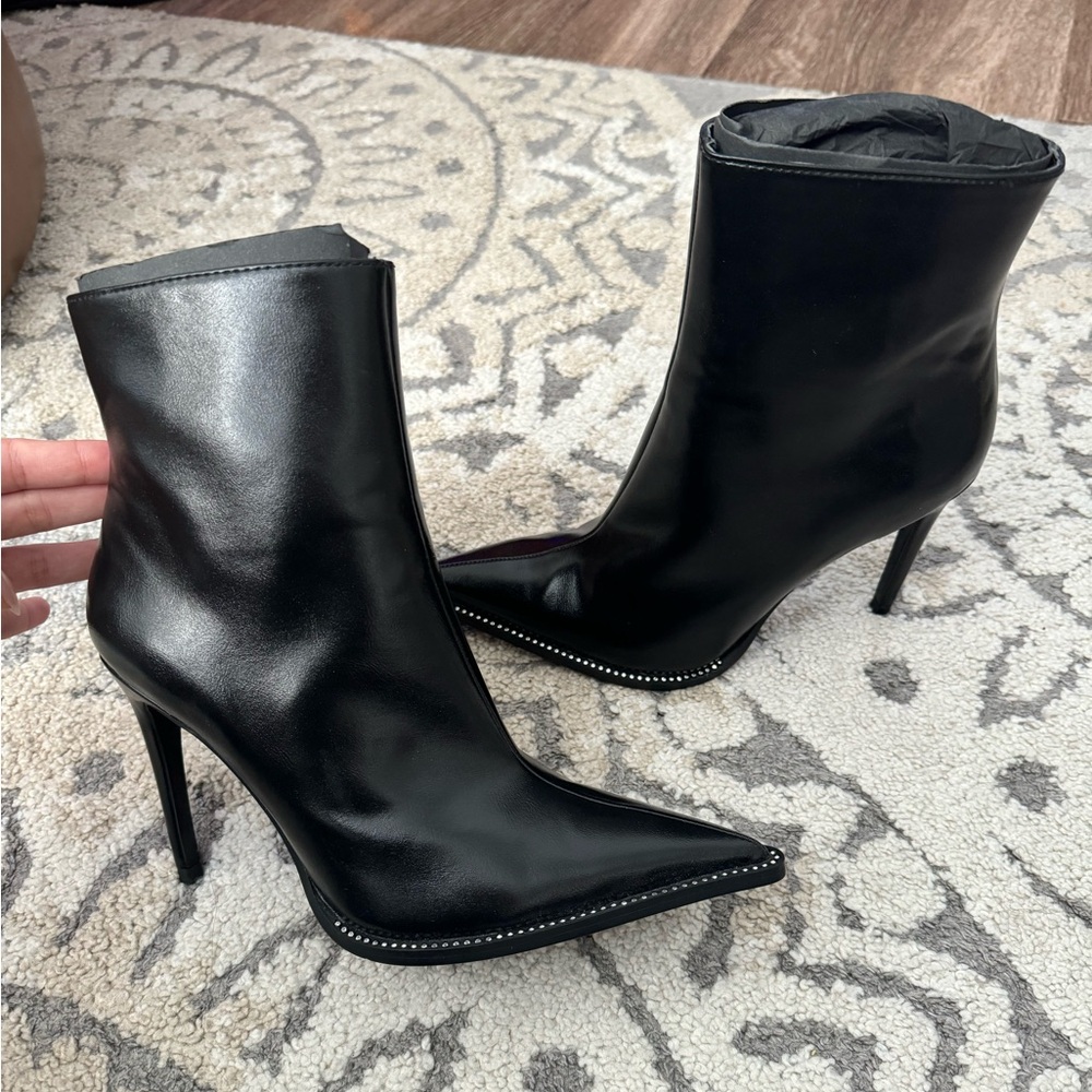 Zara Pointed Toe Black Booties with Rhinestones